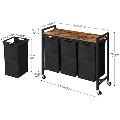 Cesto Ropa Sucia, 3 x 39,8 L, Mueble Ropa Sucia, con Ruedas, 3 Bolsas Colada, Cesto Colada, con Estante, Marrón y Negro, HOOBRO, 3