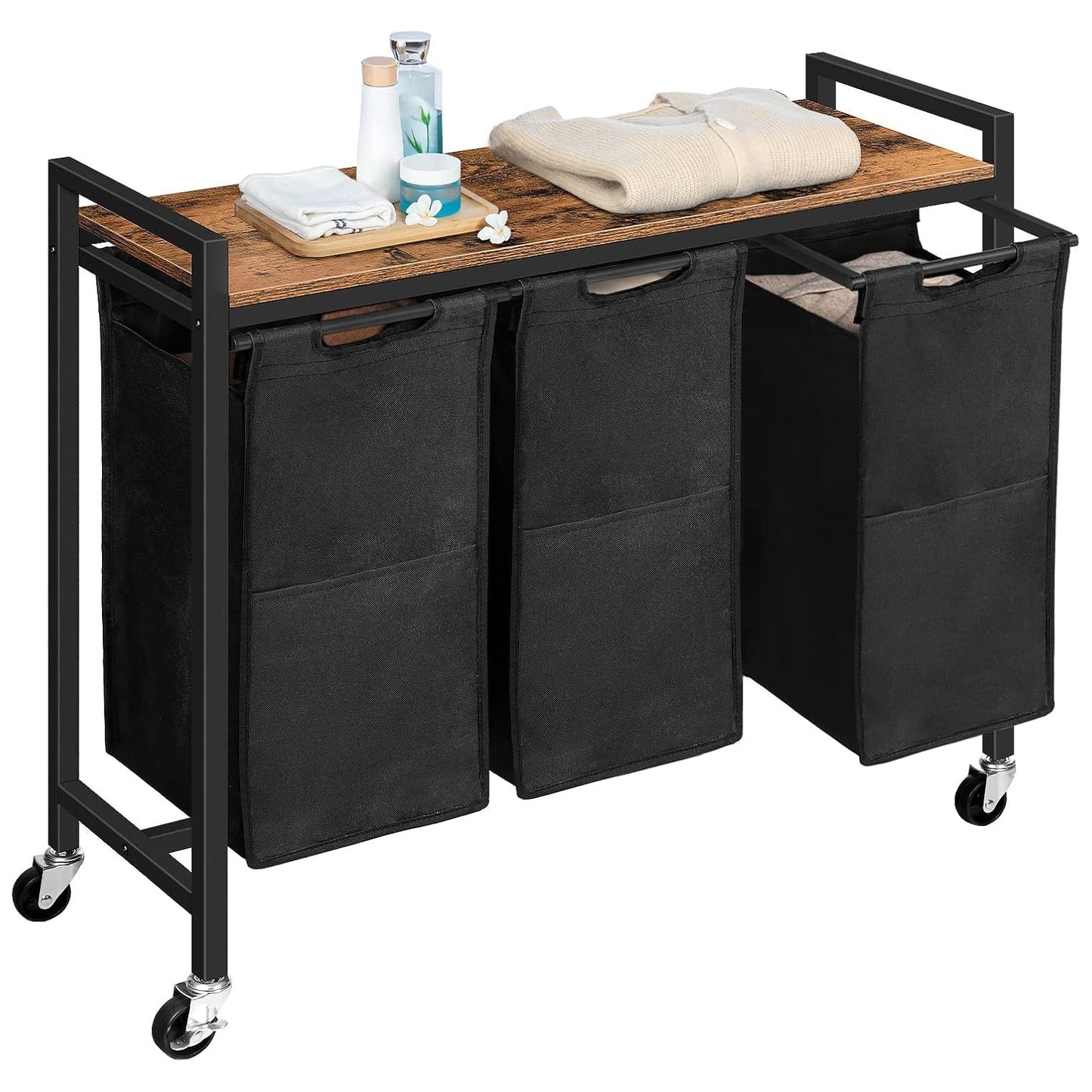 Cesto Ropa Sucia, 3 x 39,8 L, Mueble Ropa Sucia, con Ruedas, 3 Bolsas Colada, Cesto Colada, con Estante, Marrón y Negro, HOOBRO, 1