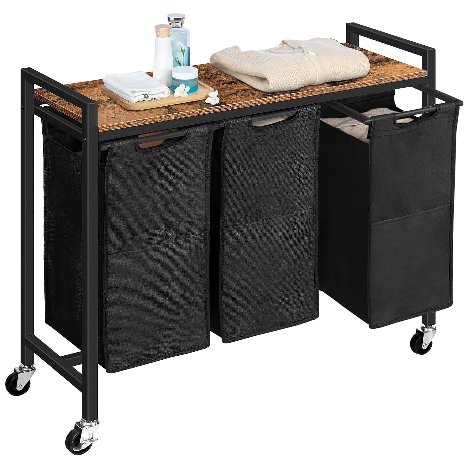 Cesto Ropa Sucia, 3 x 39,8 L, Mueble Ropa Sucia, con Ruedas, 3 Bolsas Colada, Cesto Colada, con Estante, Marrón y Negro, HOOBRO, 1