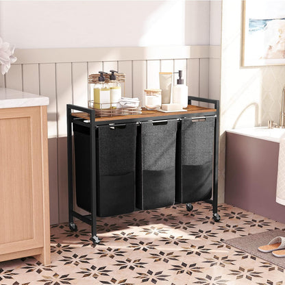 Cesto Ropa Sucia, 3 x 39,8 L, Mueble Ropa Sucia, con Ruedas, 3 Bolsas Colada, Cesto Colada, con Estante, Marrón y Negro, HOOBRO, 8