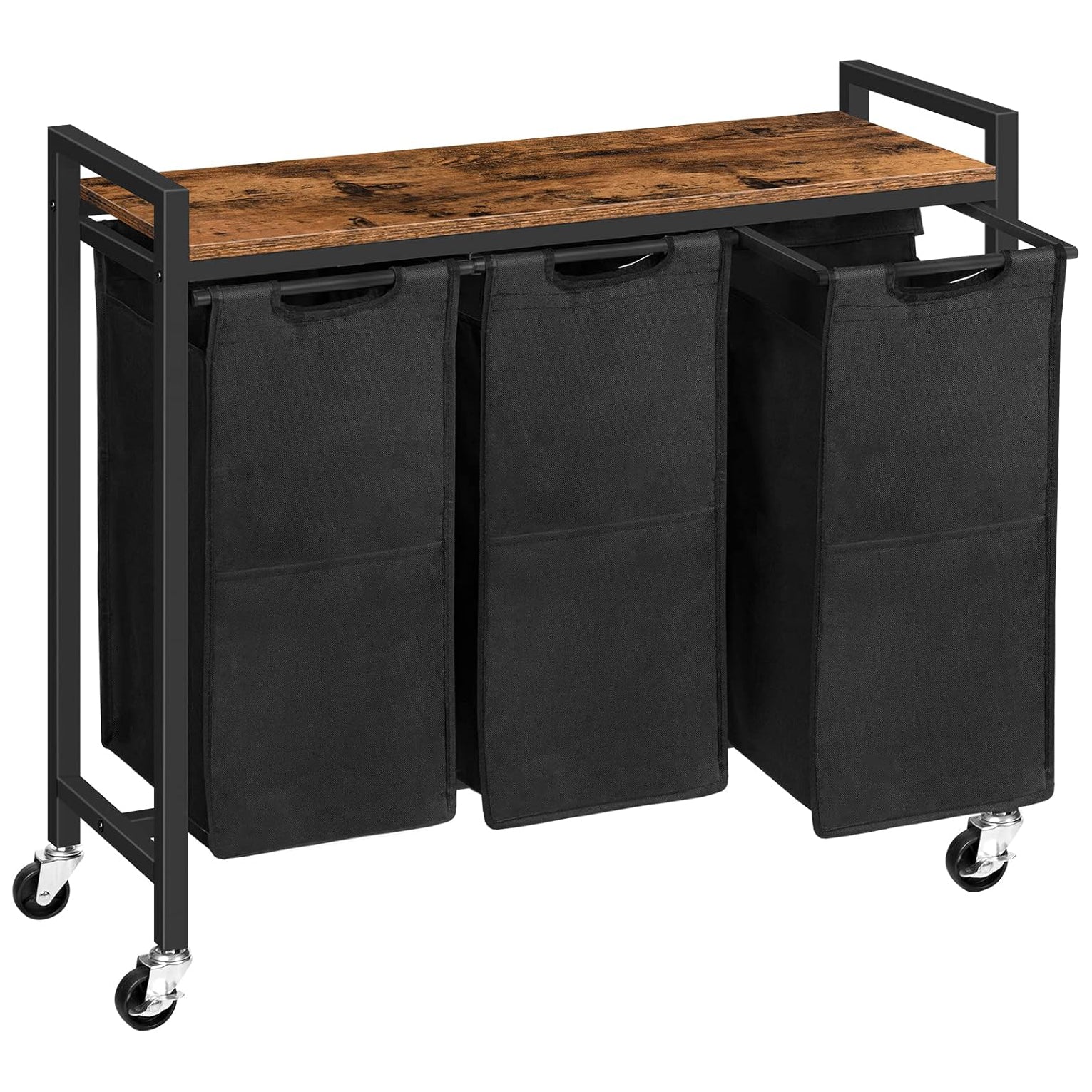 Cesto Ropa Sucia, 3 x 39,8 L, Mueble Ropa Sucia, con Ruedas, 3 Bolsas Colada, Cesto Colada, con Estante, Marrón y Negro, HOOBRO, 7