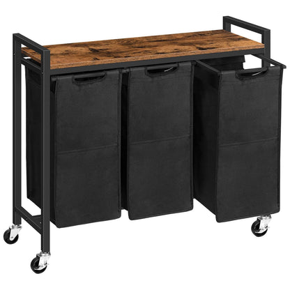 Cesto Ropa Sucia, 3 x 39,8 L, Mueble Ropa Sucia, con Ruedas, 3 Bolsas Colada, Cesto Colada, con Estante, Marrón y Negro, HOOBRO, 7