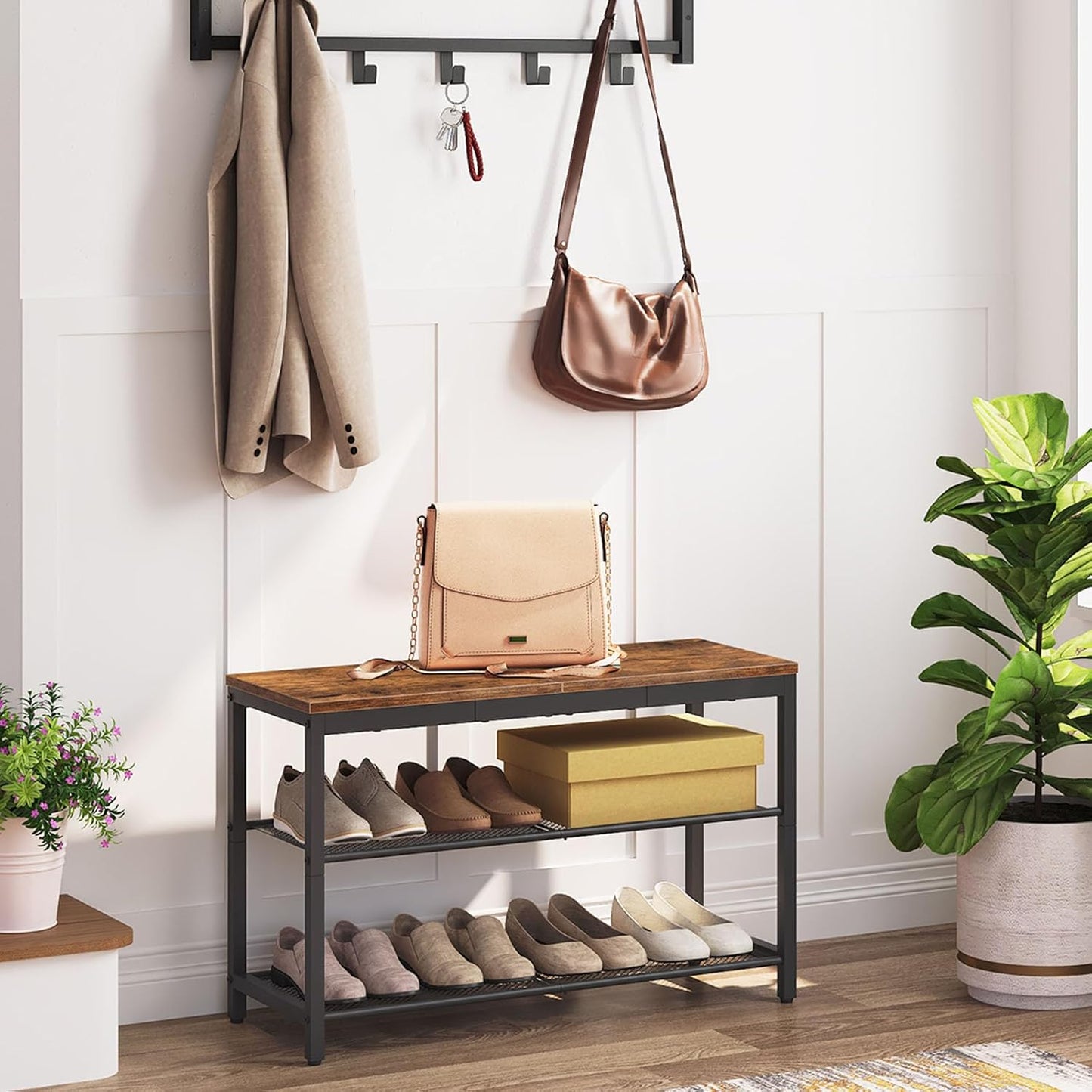 Zapatero, 3 Niveles, Banco Zapatero, con 2 Estantes de malla, Zapatero Estrecho, Marco de Metal, Marrón y Negro, HOOBRO, 6