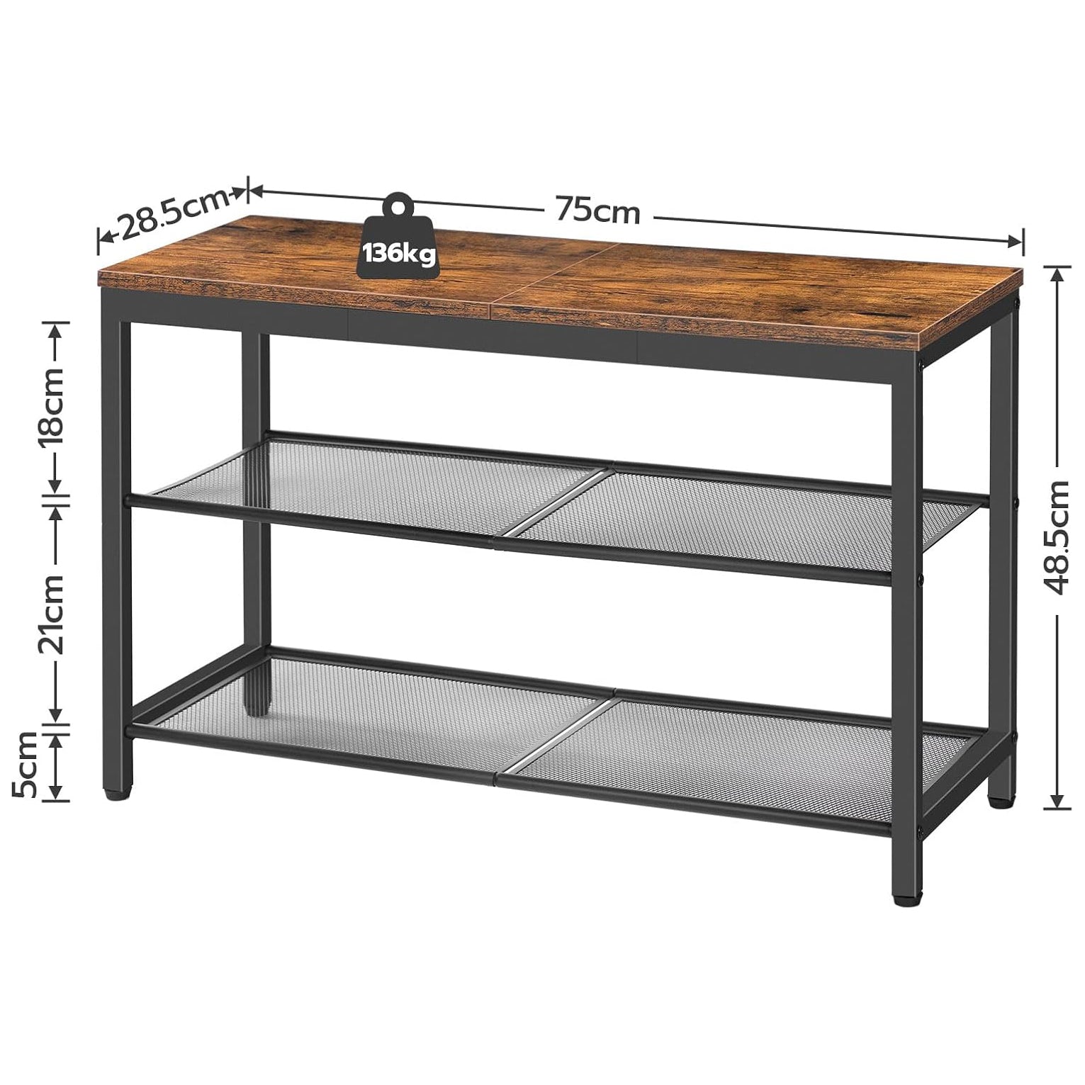 Zapatero, 3 Niveles, Banco Zapatero, con 2 Estantes de malla, Zapatero Estrecho, Marco de Metal, Marrón y Negro, HOOBRO, 3