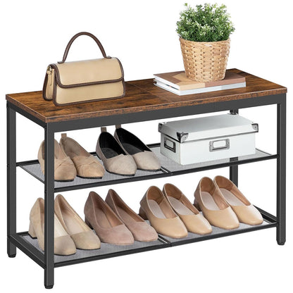Zapatero, 3 Niveles, Banco Zapatero, con 2 Estantes de malla, Zapatero Estrecho, Marco de Metal, Marrón y Negro, HOOBRO, 7