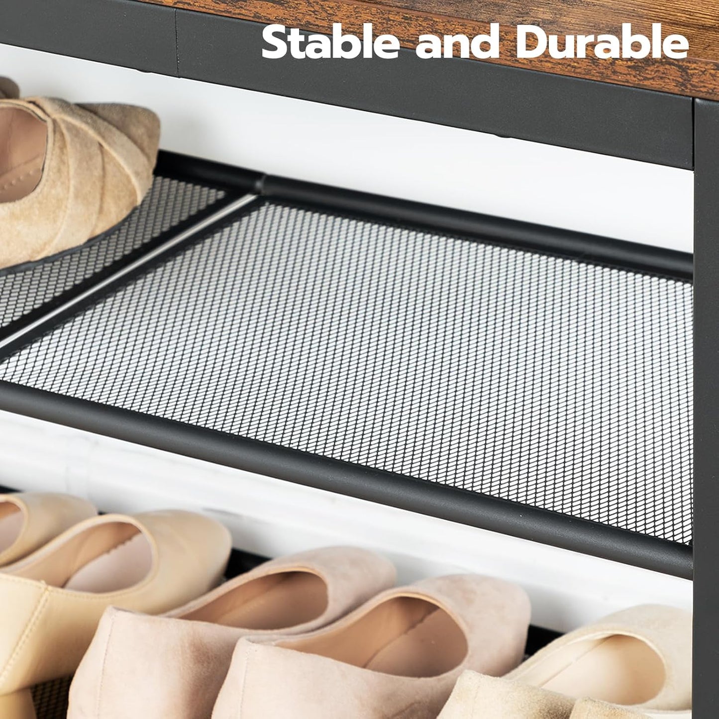 Zapatero, 3 Niveles, Banco Zapatero, con 2 Estantes de malla, Zapatero Estrecho, Marco de Metal, Marrón y Negro, HOOBRO, 4