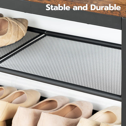 Zapatero, 3 Niveles, Banco Zapatero, con 2 Estantes de malla, Zapatero Estrecho, Marco de Metal, Marrón y Negro, HOOBRO, 4