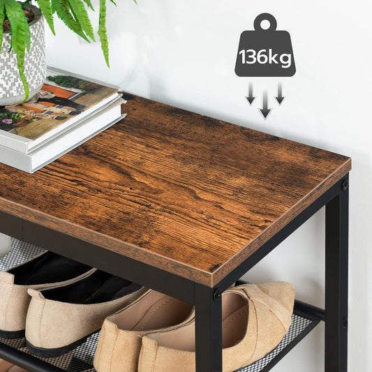 Zapatero, 3 Niveles, Banco Zapatero, con 2 Estantes de malla, Zapatero Estrecho, Marco de Metal, Marrón y Negro, HOOBRO, 2