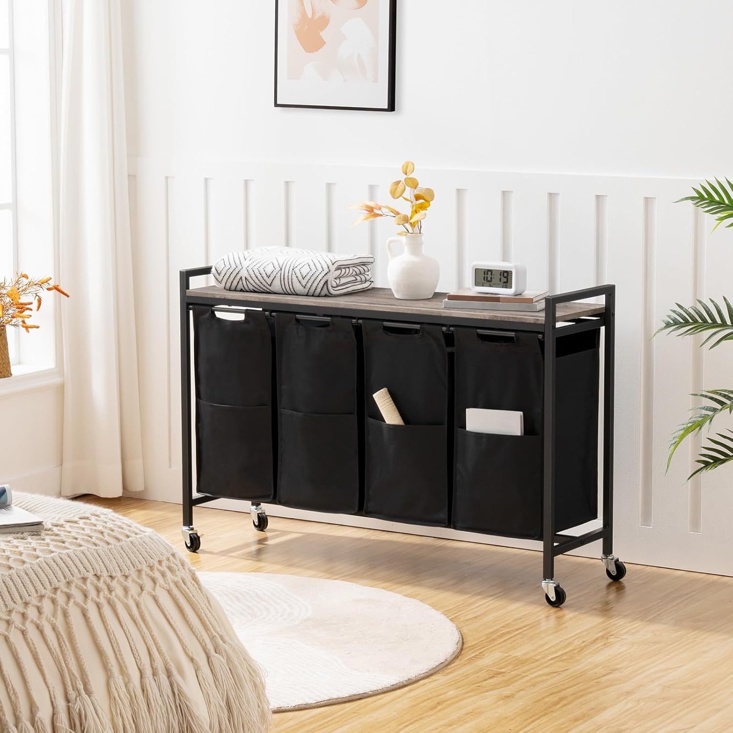 Cesto Ropa Sucia, 4 x 39,8 L, Mueble Ropa Sucia, con Ruedas, 4 Bolsas Colada, Cesto Colada, con Estante, Greige Negro, HOOBRO, 8