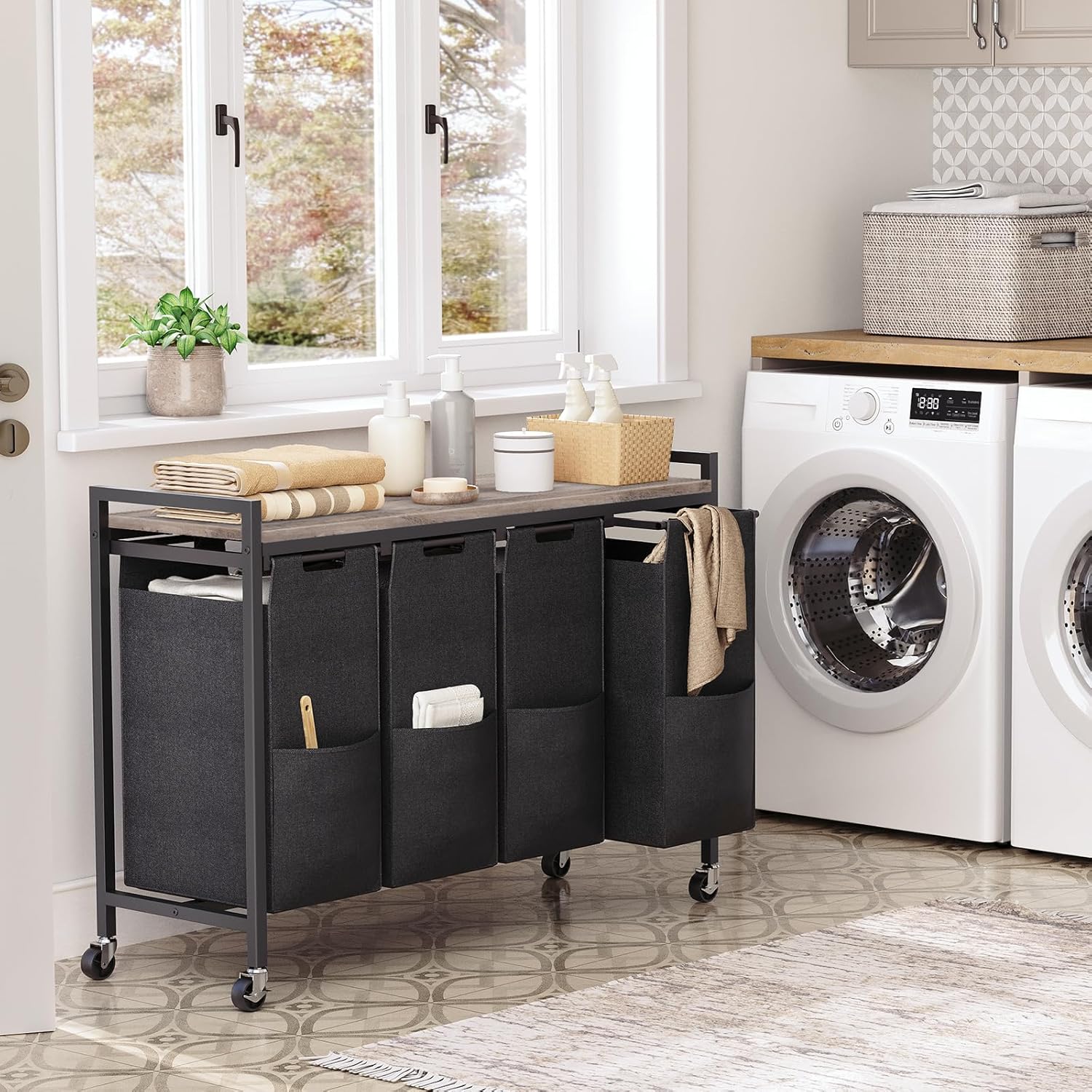 Cesto Ropa Sucia, 4 x 39,8 L, Mueble Ropa Sucia, con Ruedas, 4 Bolsas Colada, Cesto Colada, con Estante, Greige Negro, HOOBRO, 1