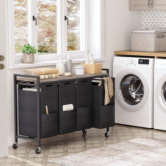 Cesto Ropa Sucia, 4 x 39,8 L, Mueble Ropa Sucia, con Ruedas, 4 Bolsas Colada, Cesto Colada, con Estante, Greige Negro, HOOBRO, 1