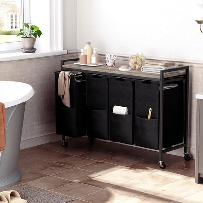 Cesto Ropa Sucia, 4 x 39,8 L, Mueble Ropa Sucia, con Ruedas, 4 Bolsas Colada, Cesto Colada, con Estante, Greige Negro, HOOBRO, 5