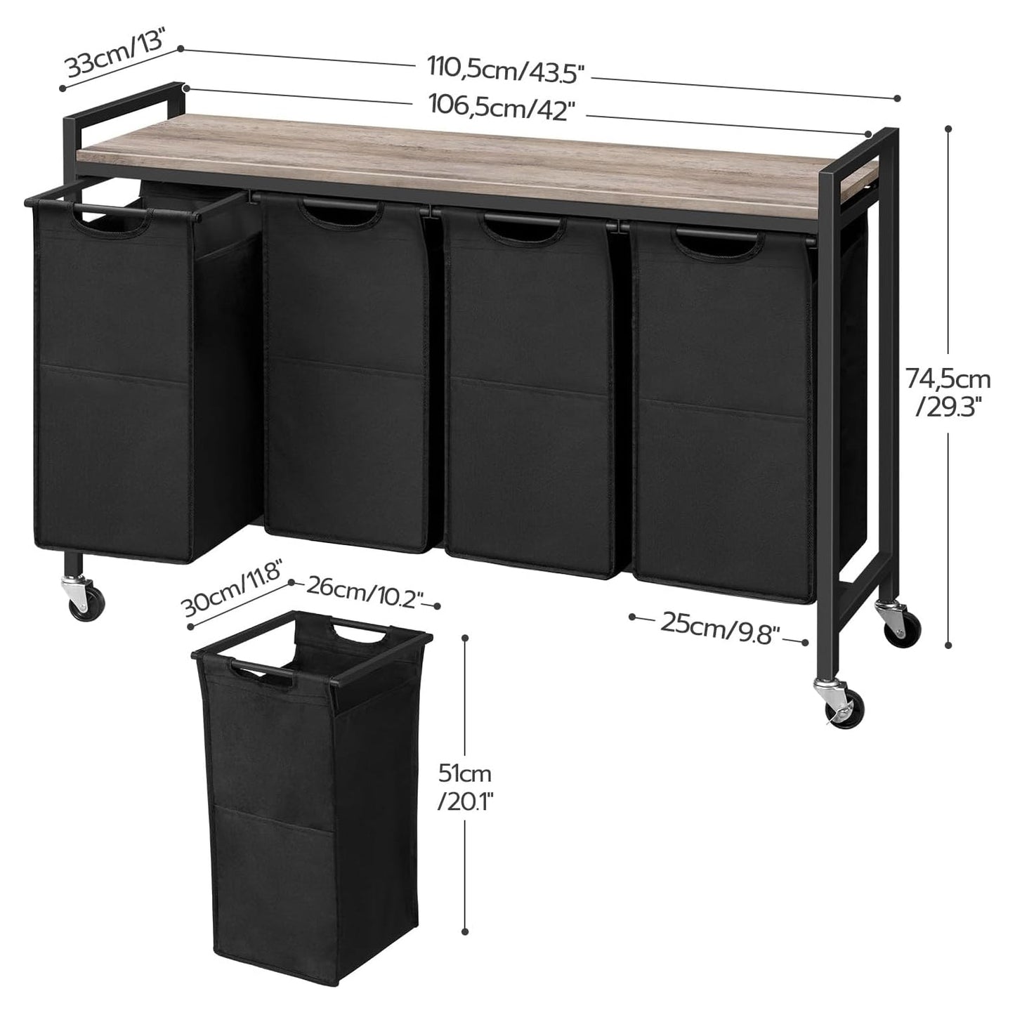 Cesto Ropa Sucia, 4 x 39,8 L, Mueble Ropa Sucia, con Ruedas, 4 Bolsas Colada, Cesto Colada, con Estante, Greige Negro, HOOBRO, 3