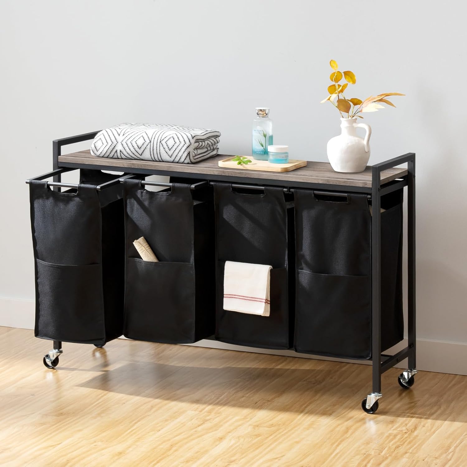 Cesto Ropa Sucia, 4 x 39,8 L, Mueble Ropa Sucia, con Ruedas, 4 Bolsas Colada, Cesto Colada, con Estante, Greige Negro, HOOBRO, 7