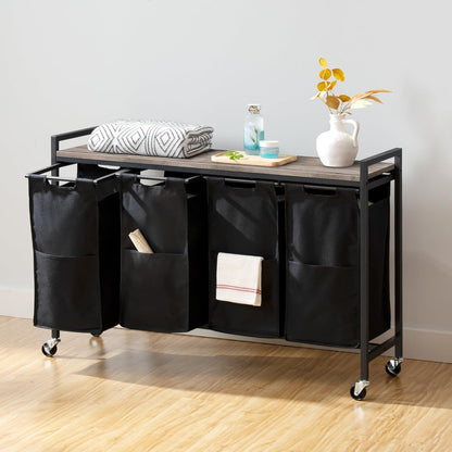 Cesto Ropa Sucia, 4 x 39,8 L, Mueble Ropa Sucia, con Ruedas, 4 Bolsas Colada, Cesto Colada, con Estante, Greige Negro, HOOBRO, 7