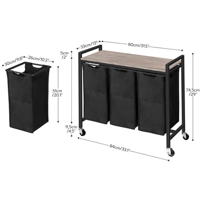 Cesto Ropa Sucia, 3 x 39,8 L, Mueble Ropa Sucia, con Ruedas, 3 Bolsas Colada, Cesto Colada, con Estante, Greige y Negro, HOOBRO, 3