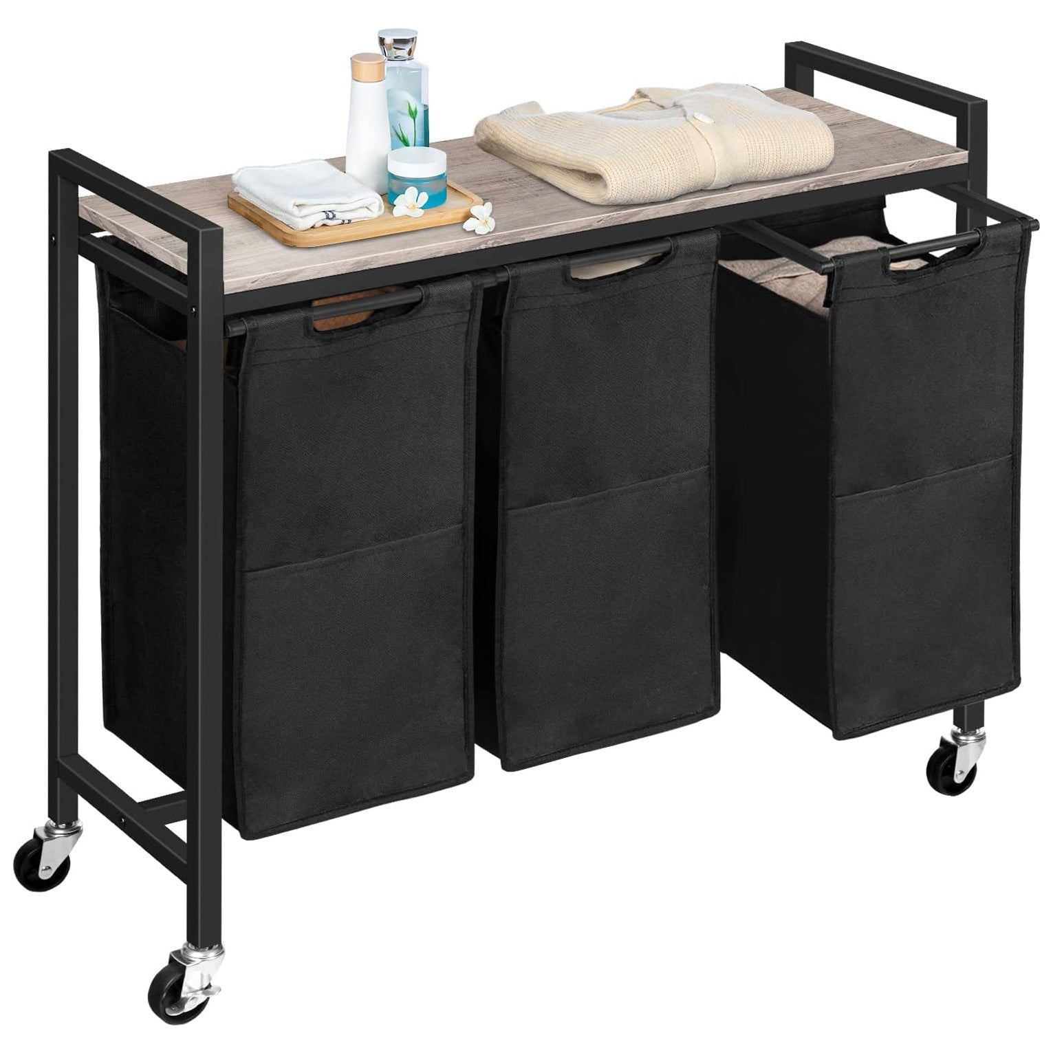 Cesto Ropa Sucia, 3 x 39,8 L, Mueble Ropa Sucia, con Ruedas, 3 Bolsas Colada, Cesto Colada, con Estante, Greige y Negro, HOOBRO, 5