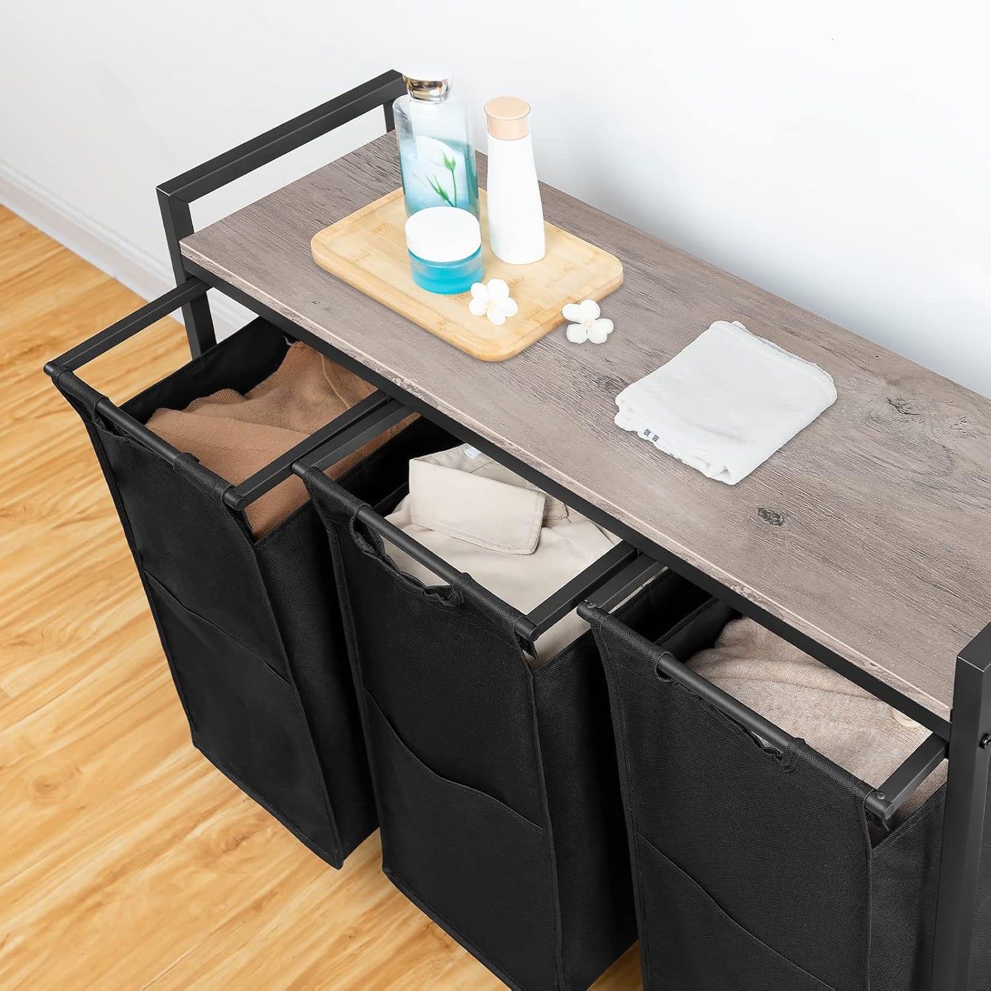 Cesto Ropa Sucia, 3 x 39,8 L, Mueble Ropa Sucia, con Ruedas, 3 Bolsas Colada, Cesto Colada, con Estante, Greige y Negro, HOOBRO, 2