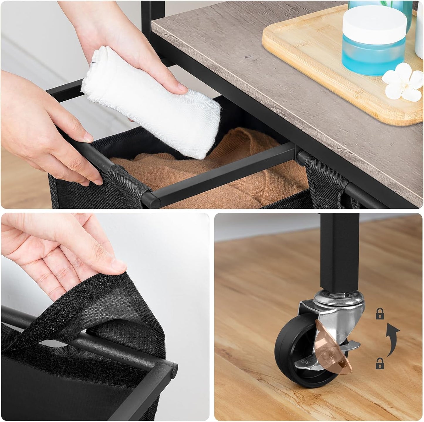 Cesto Ropa Sucia, 3 x 39,8 L, Mueble Ropa Sucia, con Ruedas, 3 Bolsas Colada, Cesto Colada, con Estante, Greige y Negro, HOOBRO, 4