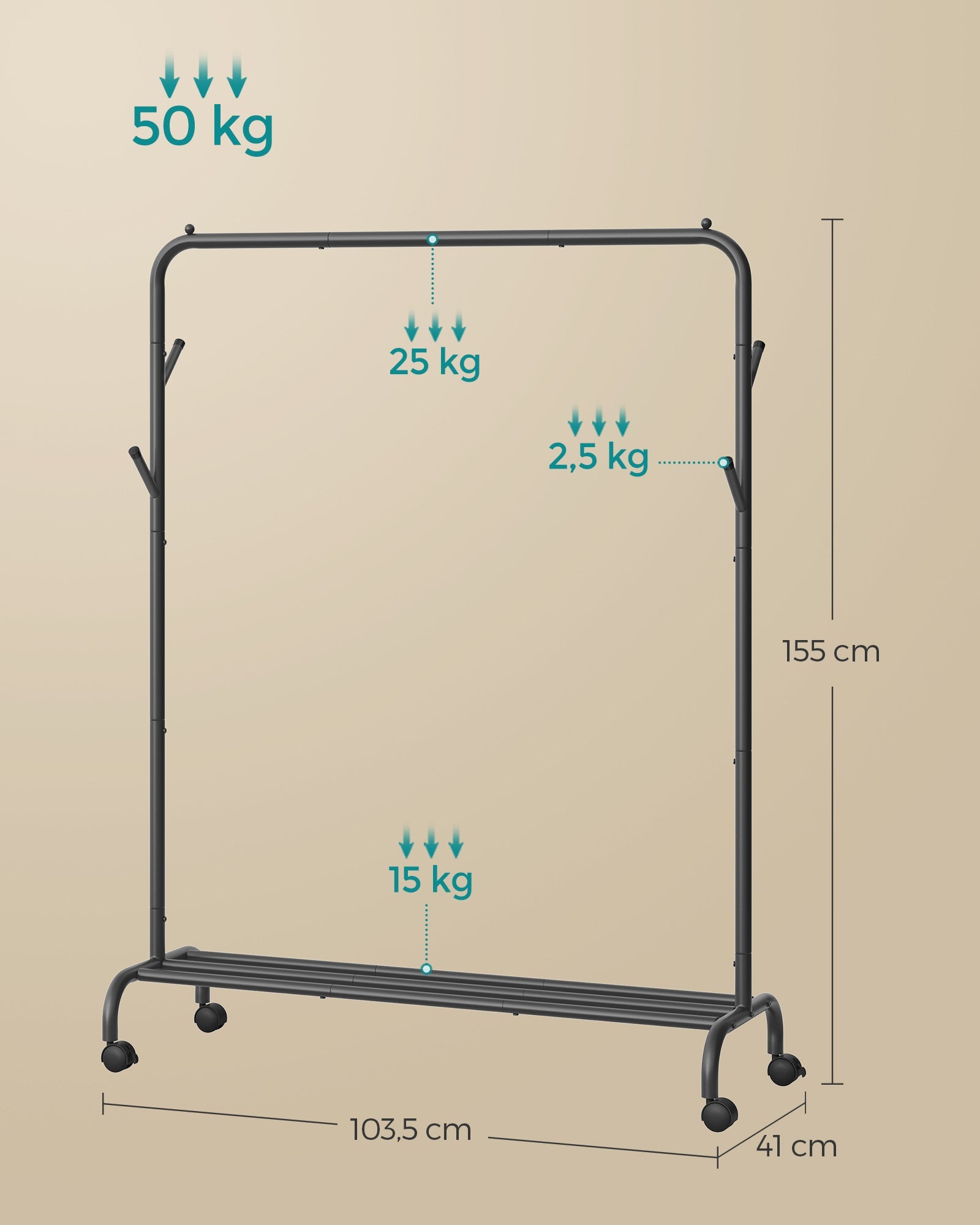 Burros para Ropa, con Ruedas, 103,5 x 41 x 155 cm, Perchero Burro, con Estante, Negro, Songmics, 5