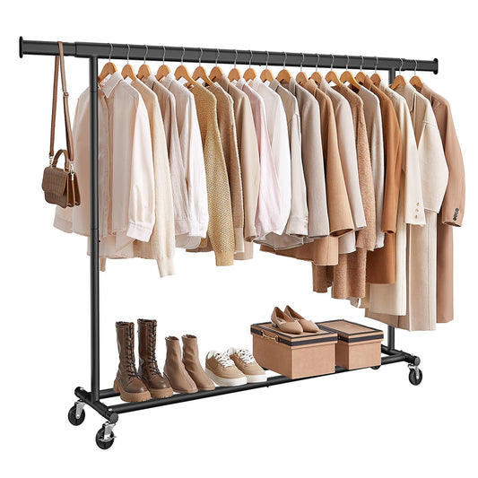 Burros para Ropa Resistentes, 160-200x45x161,5 cm, Extensible con Carga 150 kg, Perchero con Ruedas, Portátil, Negro, Songmics, 1