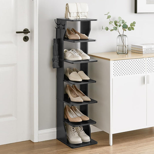 Zapatero Estrecho, 26,4 x 30 x 110,4 cm, Zapatero Alto, 7 Niveles, Zapatero Recibidor, con Ganchos, Negro, Vasagle, 1