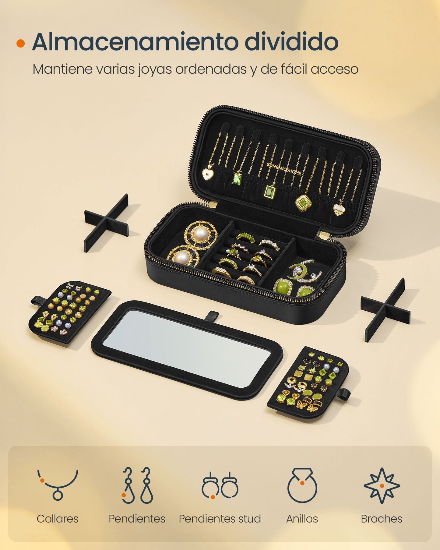Joyero de Viaje, Joyero Organizador, con Espejo, Superficie PU con Costuras, Portátil, Cremalleras, Negro, SONGMICS, 4