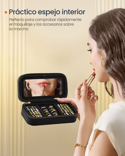 Joyero de Viaje, Joyero Organizador, con Espejo, Superficie PU con Costuras, Portátil, Cremalleras, Negro, SONGMICS, 5