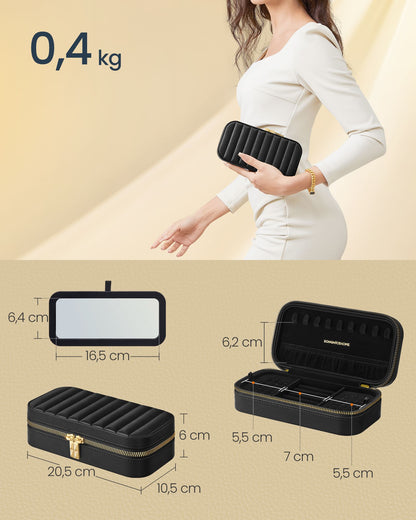 Joyero de Viaje, Joyero Organizador, con Espejo, Superficie PU con Costuras, Portátil, Cremalleras, Negro, SONGMICS, 6