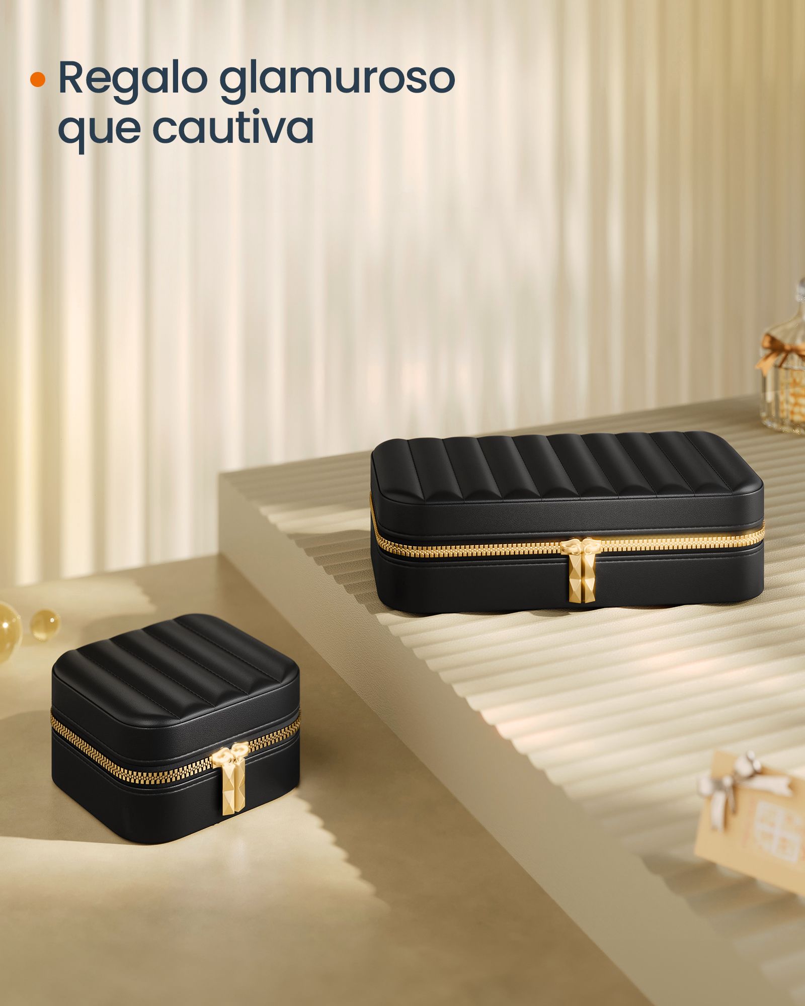 Joyero de Viaje, Joyero Organizador, con Espejo, Superficie PU con Costuras, Portátil, Cremalleras, Negro, SONGMICS, 7