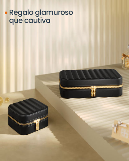 Joyero de Viaje, Joyero Organizador, con Espejo, Superficie PU con Costuras, Portátil, Cremalleras, Negro, SONGMICS, 7