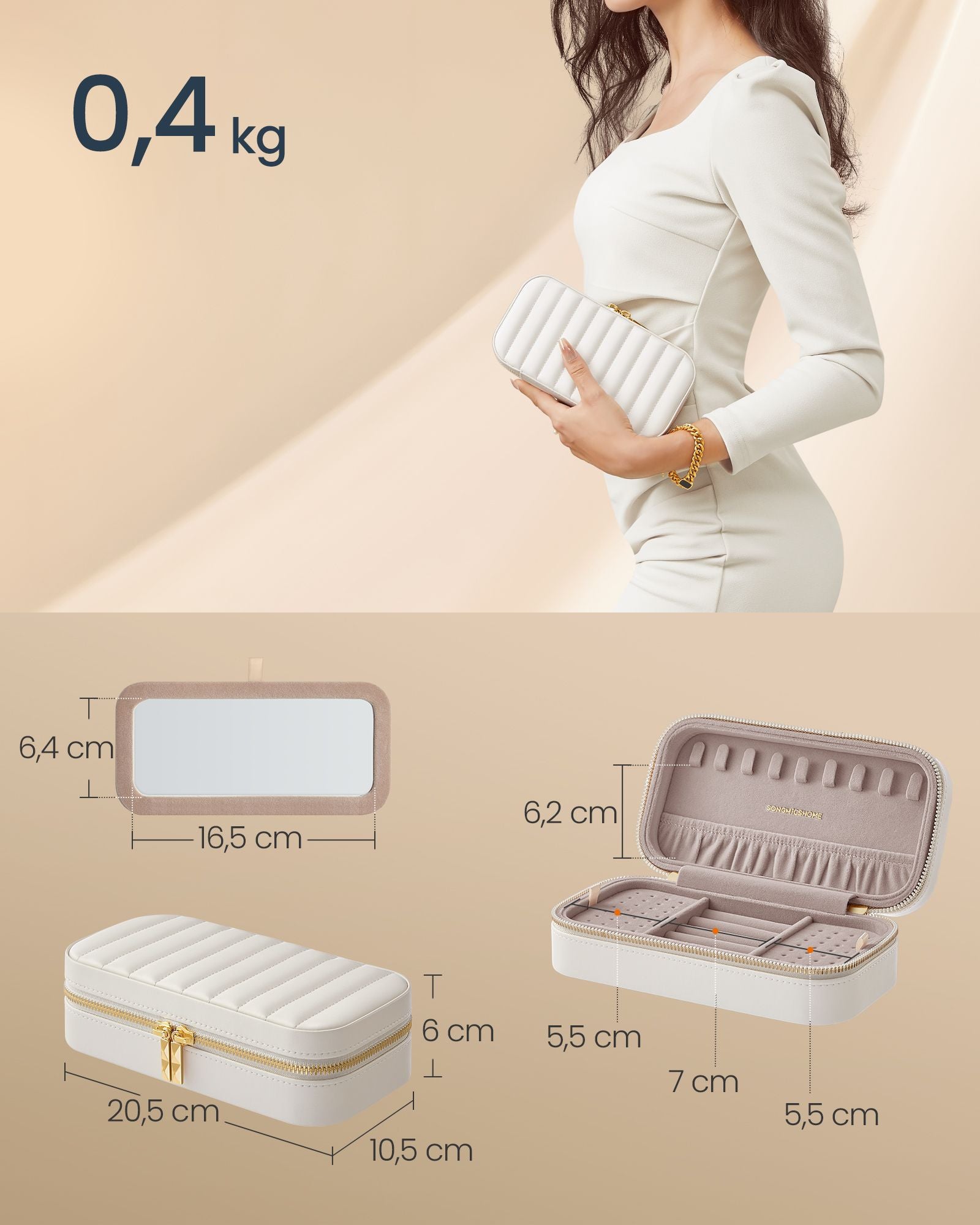 JJoyero de Viaje, Joyero Organizador, Superficie PU con Costuras, Portátil, Cremalleras, Idea de Regalo, Blanco Nube, SONGMICS, 6