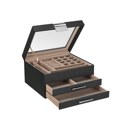 Joyero, 3 Niveles, Caja de Joyas, Joyero Organizador, Estuche de Joyería, Tapa de Cristal, con 2 Cajones, Negro, SONGMICS, 2