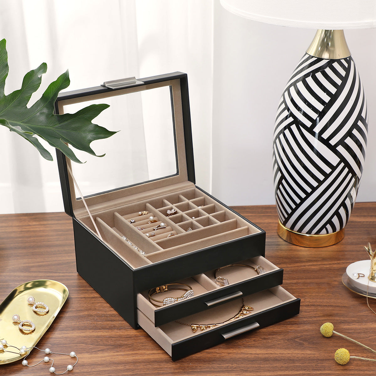 Joyero, 3 Niveles, Caja de Joyas, Joyero Organizador, Estuche de Joyería, Tapa de Cristal, con 2 Cajones, Negro, SONGMICS, 3