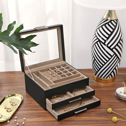 Joyero, 3 Niveles, Caja de Joyas, Joyero Organizador, Estuche de Joyería, Tapa de Cristal, con 2 Cajones, Negro, SONGMICS, 3
