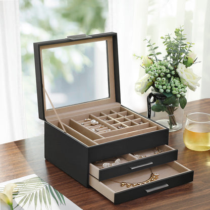 Joyero, 3 Niveles, Caja de Joyas, Joyero Organizador, Estuche de Joyería, Tapa de Cristal, con 2 Cajones, Negro, SONGMICS, 4