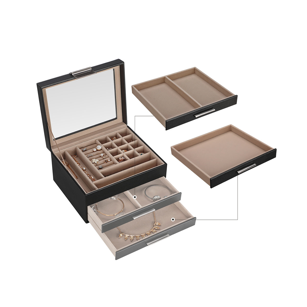 Joyero, 3 Niveles, Caja de Joyas, Joyero Organizador, Estuche de Joyería, Tapa de Cristal, con 2 Cajones, Negro, SONGMICS, 6