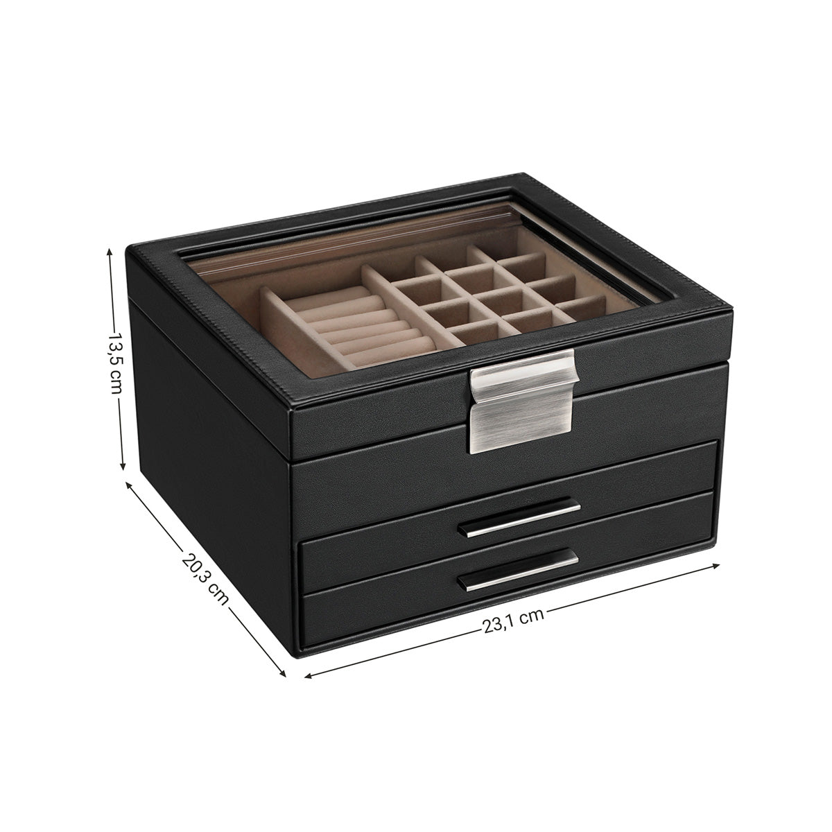 Joyero, 3 Niveles, Caja de Joyas, Joyero Organizador, Estuche de Joyería, Tapa de Cristal, con 2 Cajones, Negro, SONGMICS, 8
