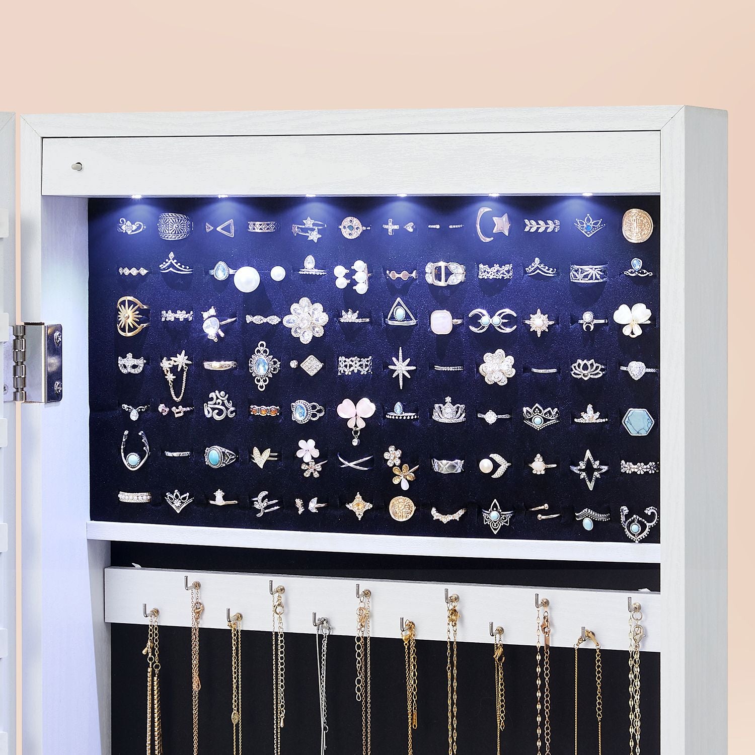 Espejo Joyero, Espejo Armario, de Pared, con Luces LED y Cierre, con Varios Compartimentos, Blanco, SONGMICS, 8