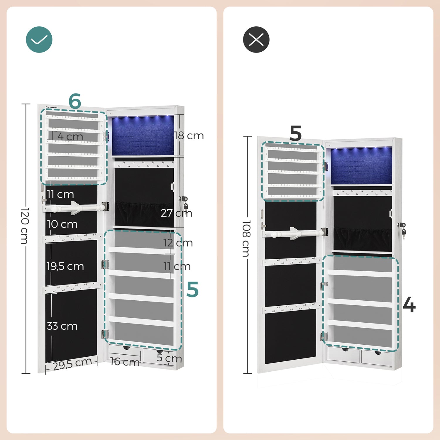 Espejo Joyero, Espejo Armario, de Pared, con Luces LED y Cierre, con Varios Compartimentos, Blanco, SONGMICS, 9