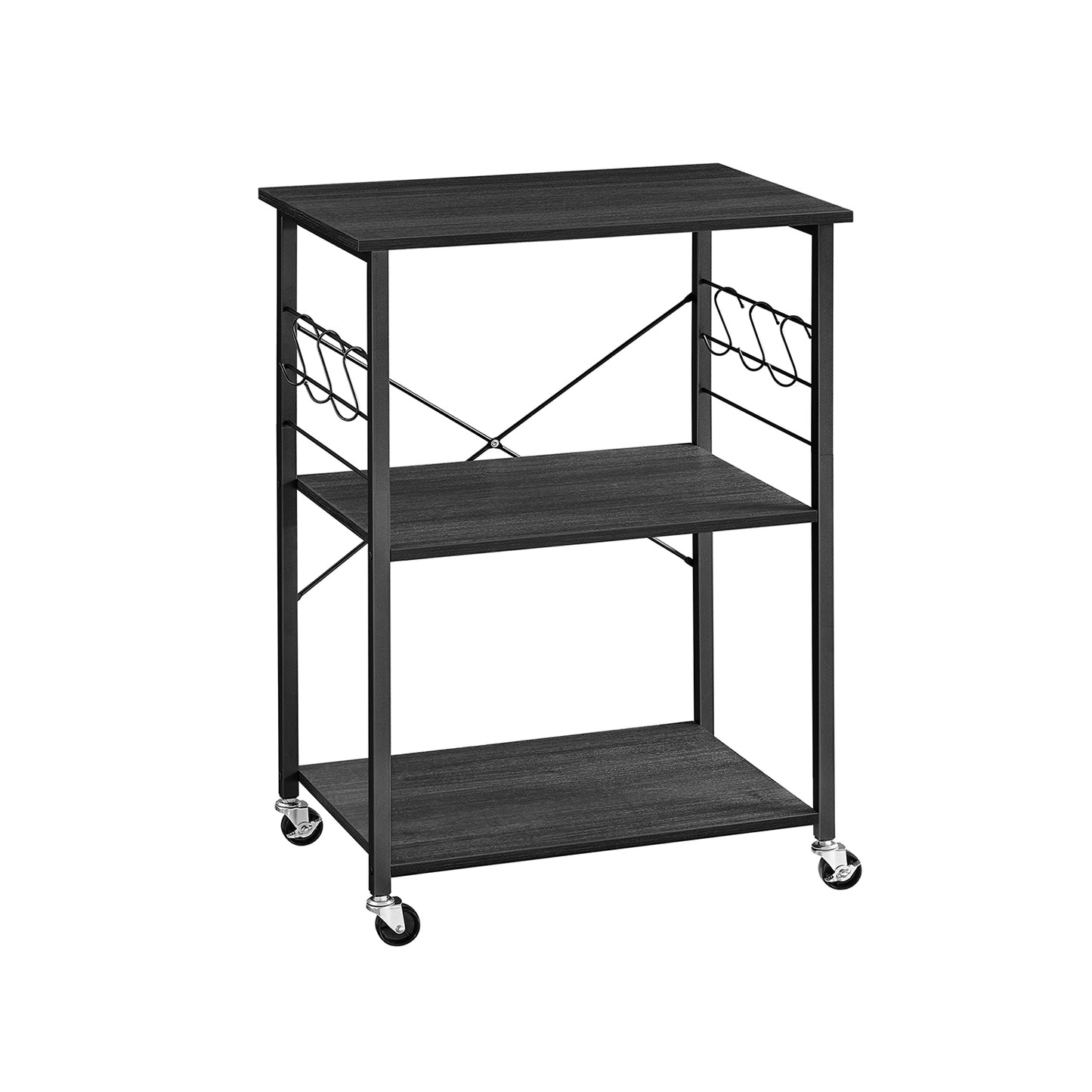 Carrito Cocina, Carro Cocina, Estanteria Cocina, con Ruedas, de 3 Niveles, soporte Microondas, 6 Ganchos, Ébano y Negro, VASAGLE, 2