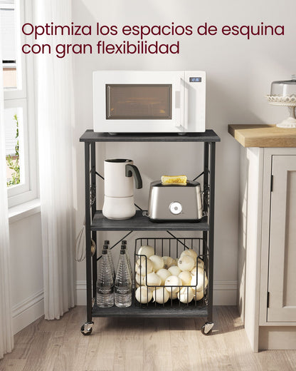 Carrito Cocina, Carro Cocina, Estanteria Cocina, con Ruedas, de 3 Niveles, soporte Microondas, 6 Ganchos, Ébano y Negro, VASAGLE, 3