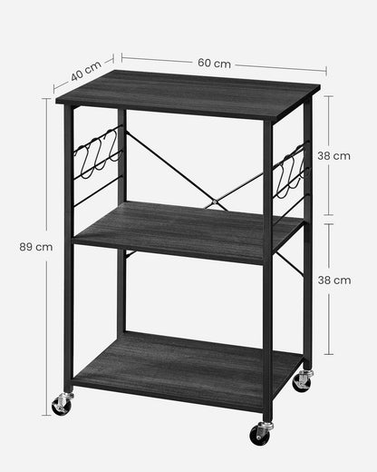 Carrito Cocina, Carro Cocina, Estanteria Cocina, con Ruedas, de 3 Niveles, soporte Microondas, 6 Ganchos, Ébano y Negro, VASAGLE, 6