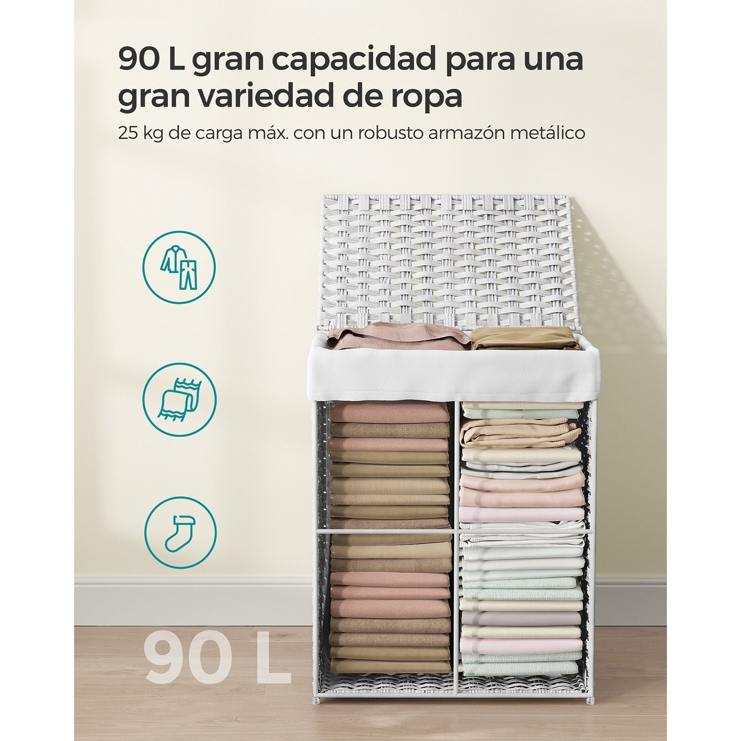 Cesto de Ropa Sucia, 90 L, Cesto ropa Plegable, con Tapa, Cesto ropa Sucia Mimbre, de Ratán Sintético, Blanco, SONGMICS, 10