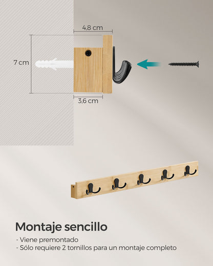 Perchero Pared, Colgador de Pared, con Estante, 5 Ganchos Dobles Metal, Entrada, Dormitorio, Carga de 25kg, Beige Natural, SONGMICS, 7