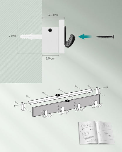 Perchero Pared, Perchero Colgante con Estante, 4 Ganchos Dobles de Metal, con Carga de 16 kg, Blanco Nube, SONGMICS, 8