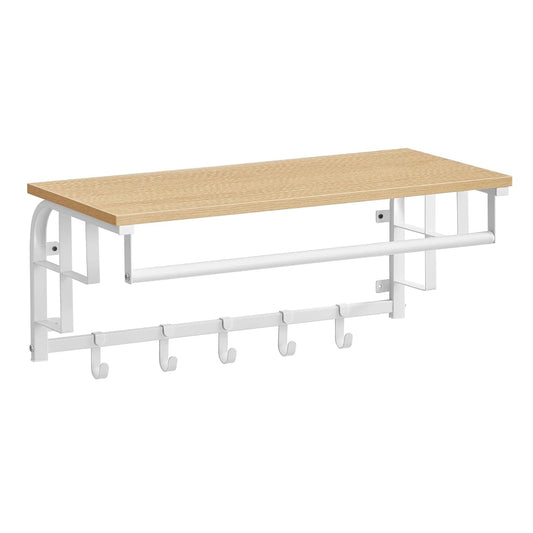 Perchero Pared, 66 x 30 x 27 cm, Perchero con Estante, con 5 Ganchos Extraíbles, Barra de Colgar, Roble y Blanco, Vasagle, 1