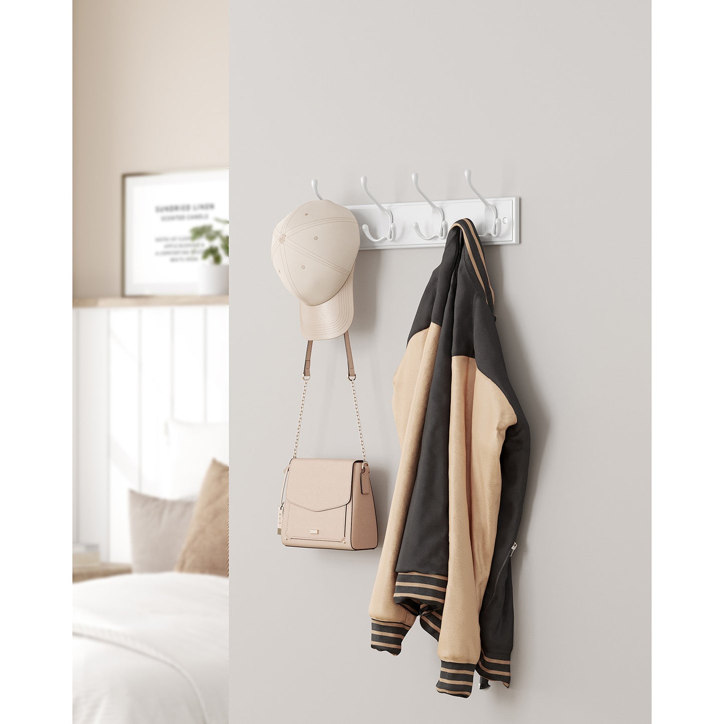 Perchero Pared, Colgadores de Pared, 4 Ganchos Triples de Metal, para Abrigos, Bolsos, Leaves, Blanco Nube, SONGMICS, 4