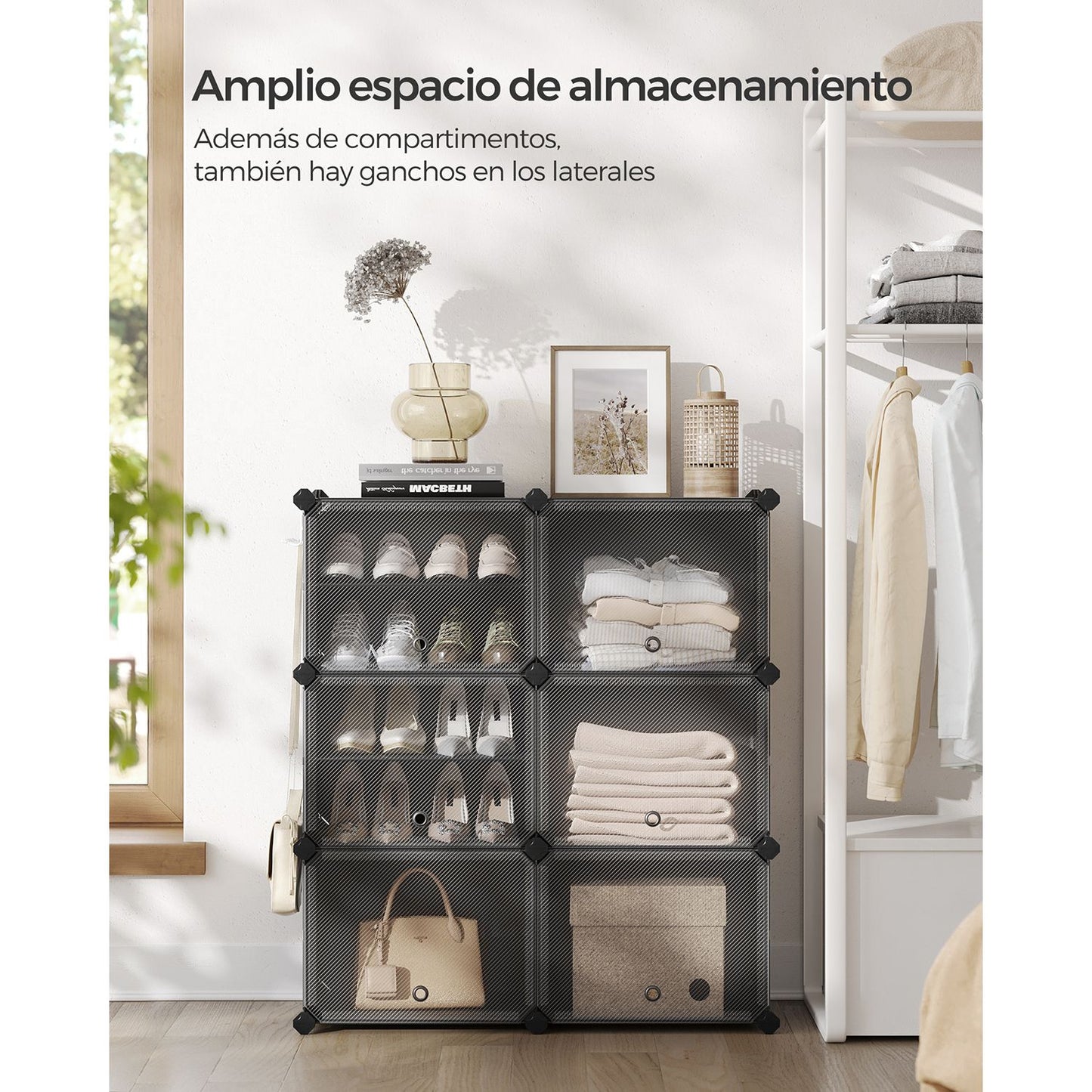 Mueble Zapatero, Plástico, Zapatero Recibidor, 6 Compartimentos, Zapatero Alto, con Puerta, Marco Acero, Negro, SONGMICS, 2