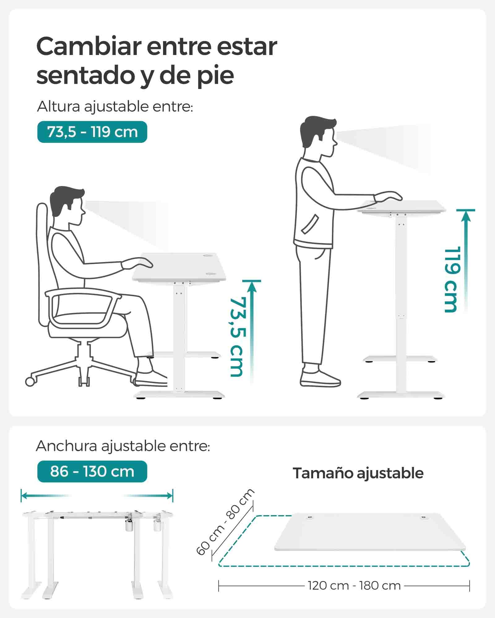 Escritorio Elevable Eléctrico, Mesa Regulable en Altura, Escritorio Ordenador, 60x120 cm, Marco de Aero, Blanco, Songmics, 3